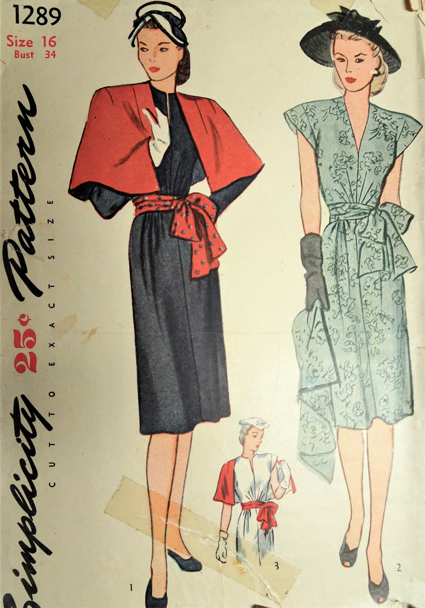 1940s STUNNING Dress and Cape Pattern SIMPLICITY 1289 Beautiful Design Day or Evening Party Dress Bust 34 Vintage Sewing Pattern