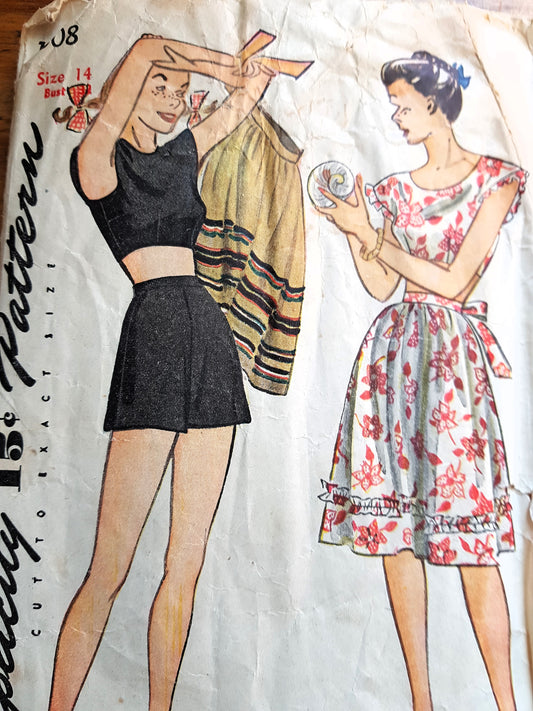 1940s CUTE Three Pc Playsuit Beachwear Pattern SIMPLICITY 1308 Midriff Bodice, High Waist Shorts, and Pretty Skirt Bust 32 Vintage Sewing Pattern