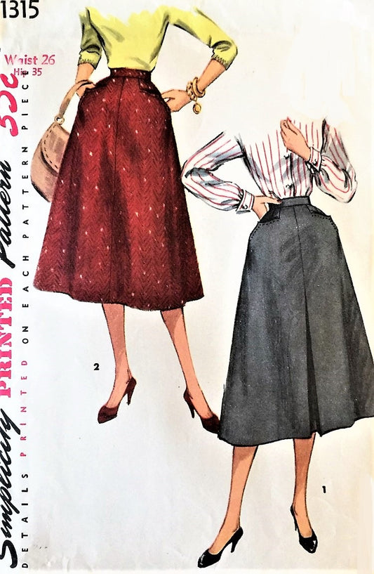 1950s  STYLISH Flared Skirt Pattern SIMPLICITY 1315 Features Yoke Pockets, 2 Style Versions Waist 26 Vintage Sewing Pattern