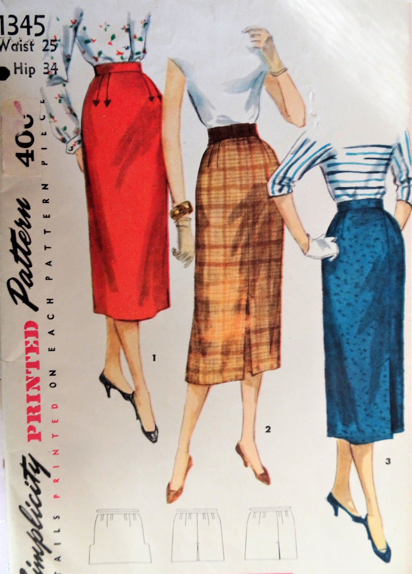 1950s SLEEK One Yard Slim Skirt Pattern SIMPLICITY 1345 Simple To Make Waist 25 Vintage Sewing Pattern
