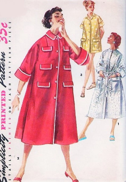 1950s CLASSIC Housecoat or Robe Pattern SIMPLICITY 1350 Three Pretty Styles, Bust 36 Vintage Sewing Pattern, FACTORY FOLDED