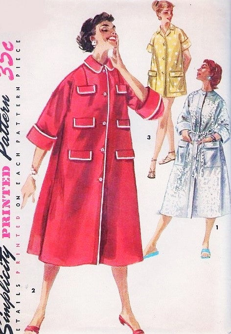 1950s CLASSIC Housecoat or Robe Pattern SIMPLICITY 1350 Three Pretty Styles, Bust 36 Vintage Sewing Pattern, FACTORY FOLDED