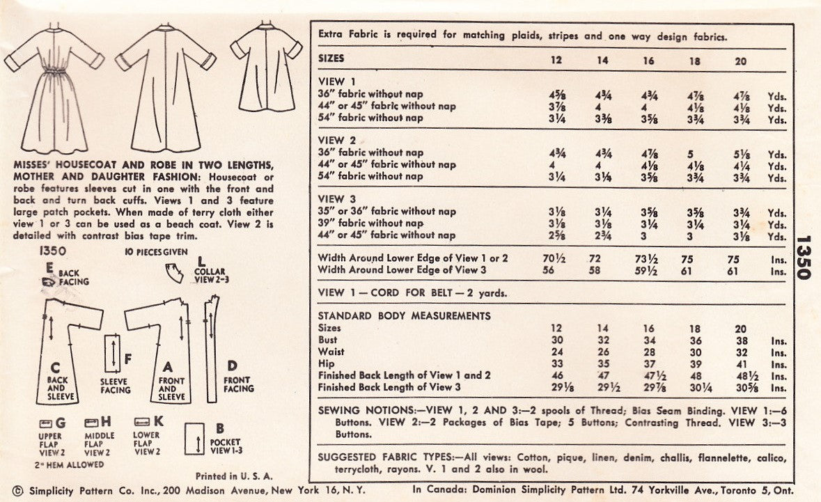1950s CLASSIC Housecoat or Robe Pattern SIMPLICITY 1350 Three Pretty Styles, Bust 36 Vintage Sewing Pattern, FACTORY FOLDED