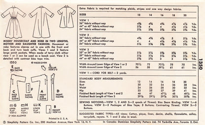 1950s CLASSIC Housecoat or Robe Pattern SIMPLICITY 1350 Three Pretty Styles, Bust 36 Vintage Sewing Pattern, FACTORY FOLDED