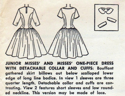 1950s LOVELY Long Line Bodice Full Skirt Dress Pattern SIMPLICITY 1373 Dreamy Scalloped Bodice Party Dress Detachable Cuffs n Collar 3 Versions Bust 32 Vintage Sewing Pattern