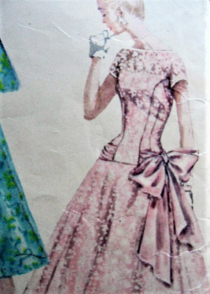 1950s LOVELY Princess Line Drop Waist Party Cocktail Evening Dress Pattern SIMPLICITY 1374 Flirty Large Side Bow, Bateau Neckline Bust 34 Vintage Sewing Pattern FF