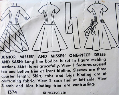 1950s LOVELY Princess Line Drop Waist Party Cocktail Evening Dress Pattern SIMPLICITY 1374 Flirty Large Side Bow, Bateau Neckline Bust 34 Vintage Sewing Pattern FF