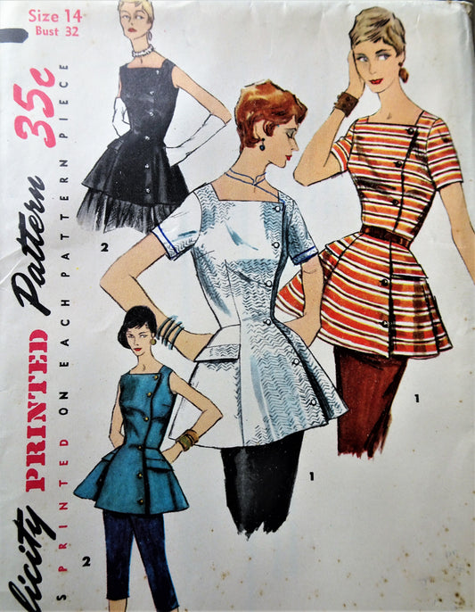 1950s FABULOUS Tunic Blouse Pattern SIMPLICITY 1387 Day or Evening Versatile Overblouse, Bust 32 Vintage Sewing Pattern FF