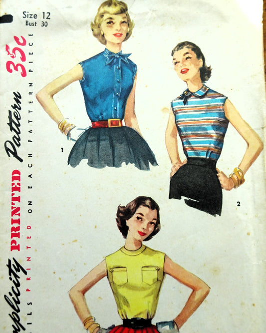 1950s CUTE  One Yard Blouses Pattern SIMPLICITY 1388 Three Pretty Styles Simple To Make Bust 30 Vintage Sewing Pattern
