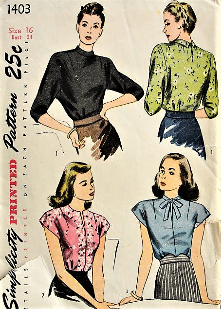 1940s CLASSIC Vintage Blouse Pattern SIMPLICITY 1403 Three Styles Includes Keyhole Neckline Bust 32 Vintage Sewing Pattern