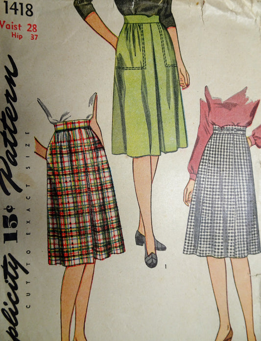 1940s Skirt Pattern SIMPLICITY 1418 Three Stylish Versions Waist 28 Vintage Sewing Pattern