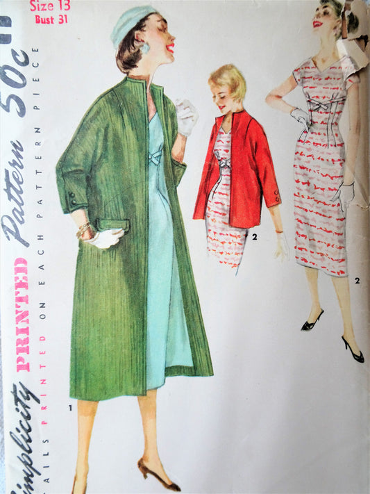 1950s STYLISH Slim Dress and Coat Pattern SIMPLICITY 1505 V Neckline Dress Day or After 5, Coat or Jacket Bust 31 Vintage Sewing Pattern FACTORY FOLDED