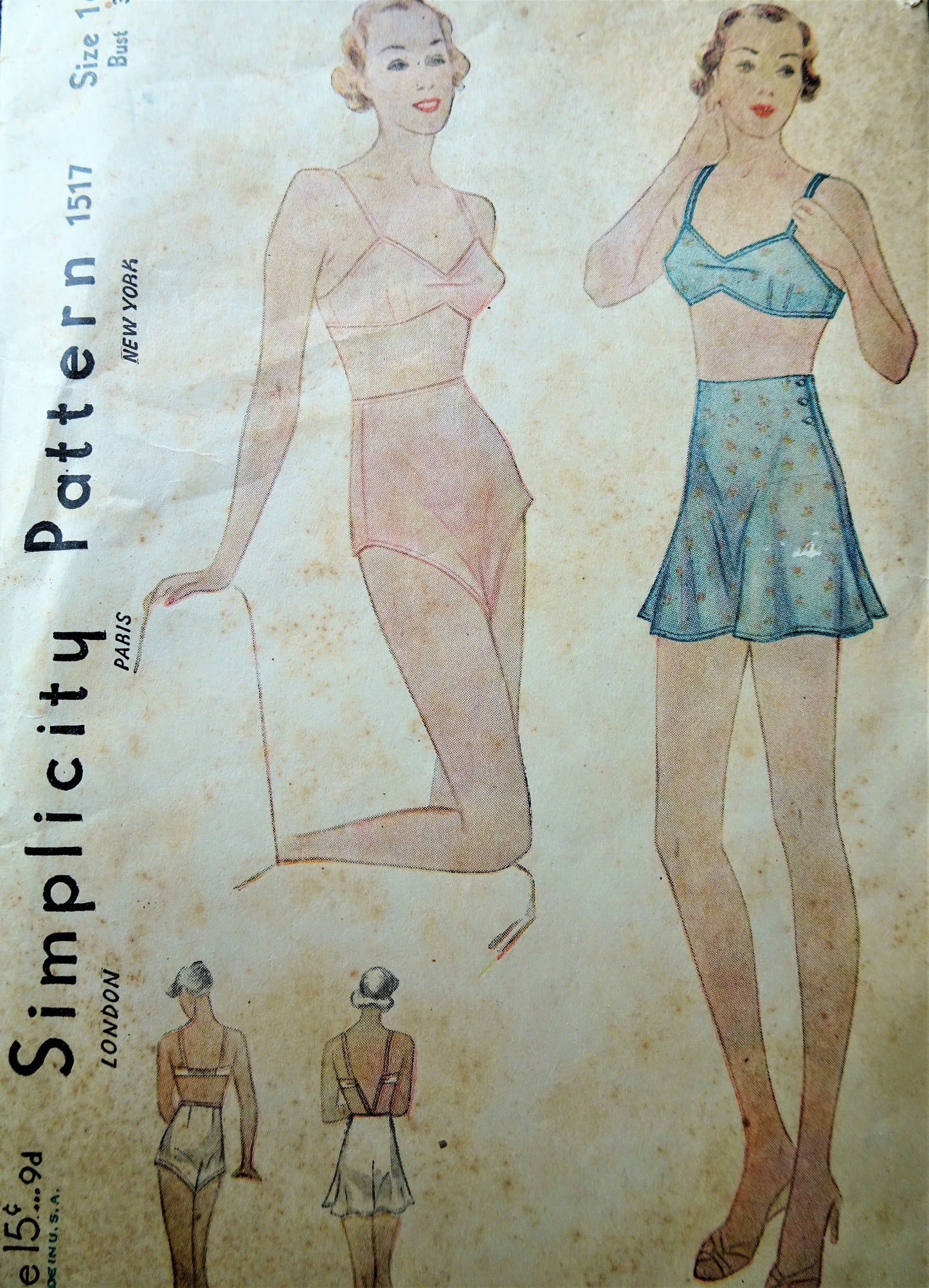 1930s LOVELY Lingerie Set Bra and Tap Pants Pattern SIMPLICITY 1517 Bust 34 Vintage Sewing Pattern FACTORY FOLDED