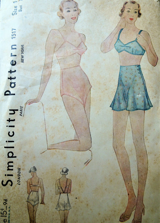 1930s LOVELY Lingerie Set Bra and Tap Pants Pattern SIMPLICITY 1517 Bust 34 Vintage Sewing Pattern FACTORY FOLDED