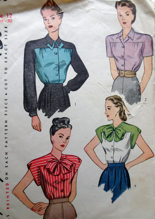 WONDERFUL 1940s Blouse Pattern SIMPLICITY 1555 Four Lovely Styles Bust 30 Vintage Sewing Pattern