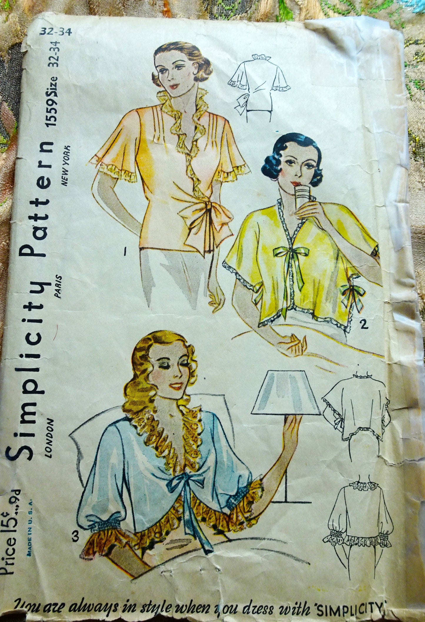 GORGEOUS  1930s Art Deco Set of Bed Jackets Pattern  Simplicity 1559 Three Glamorous Styles , Bust 32-34, Vintage Sewing Pattern