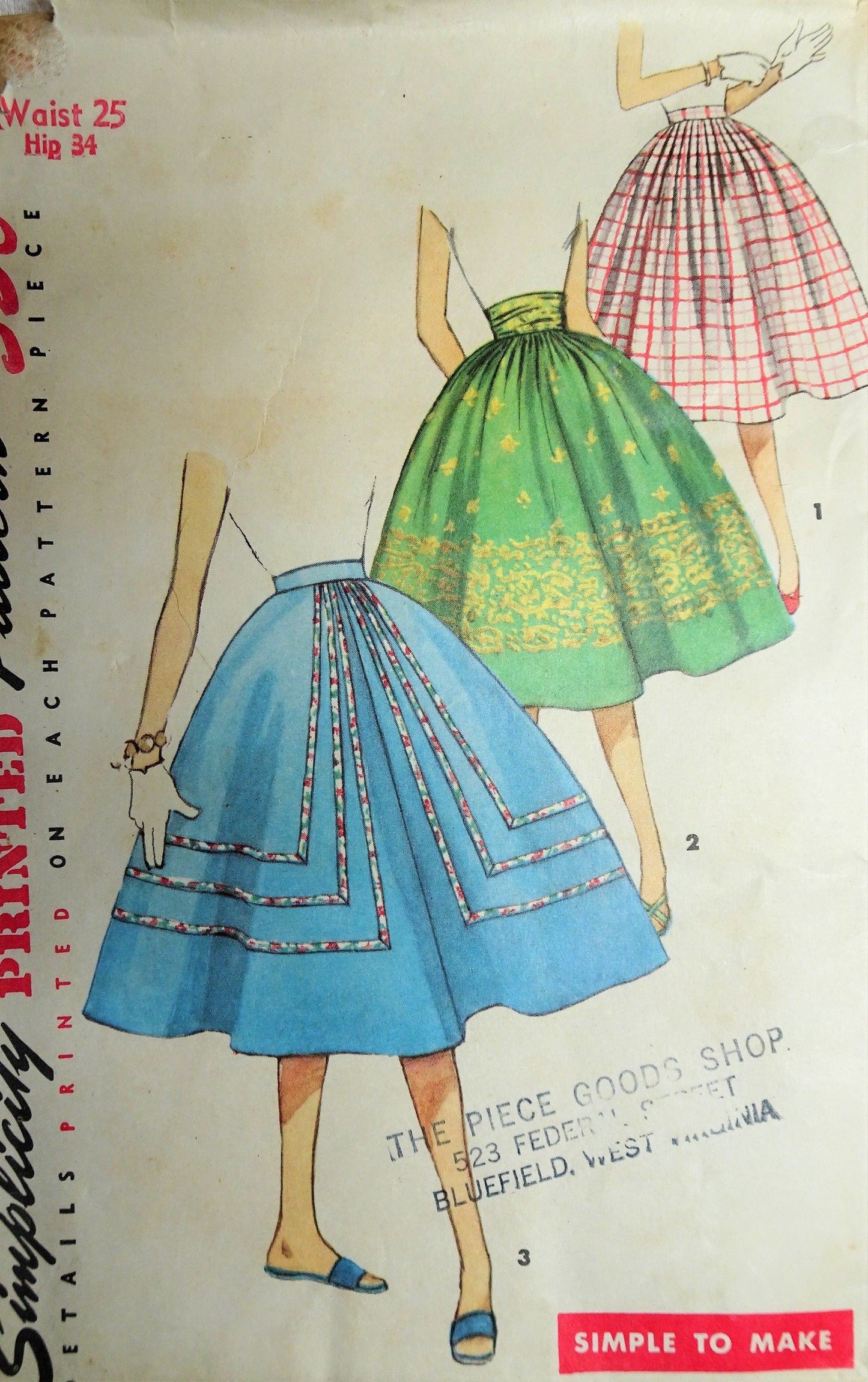 1950s ROCKABILLY Full Skirt and Cummerbund Pattern SIMPLICITY 1584 Three Versions Waist 25 Simple To Make Vintage Sewing Pattern