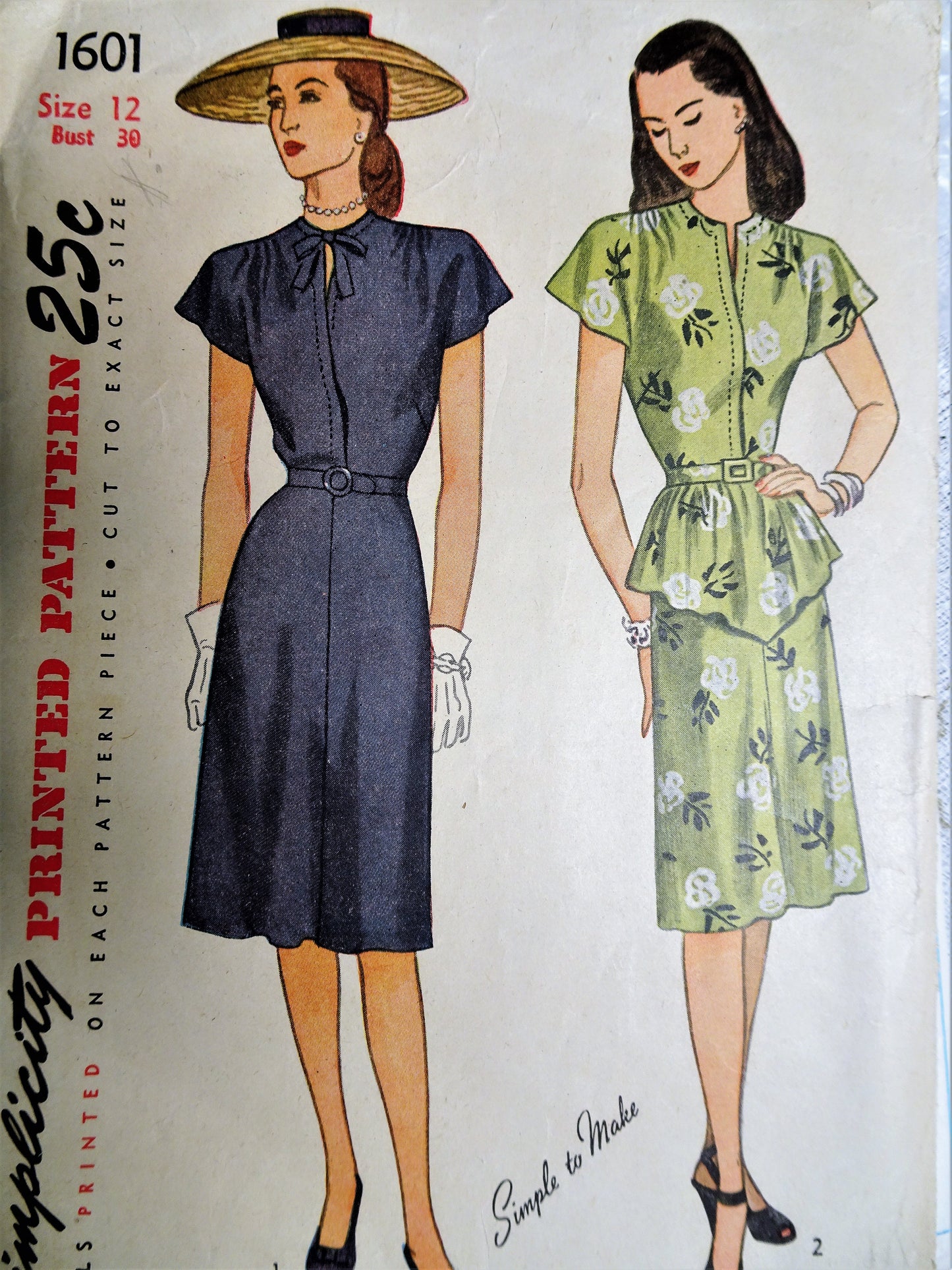 1940s LOVELY Dress Pattern SIMPLICITY 1601 Day or Evening, Slit Neckline, Peplum Version Bust 30 Simple To Make Vintage Sewing Pattern