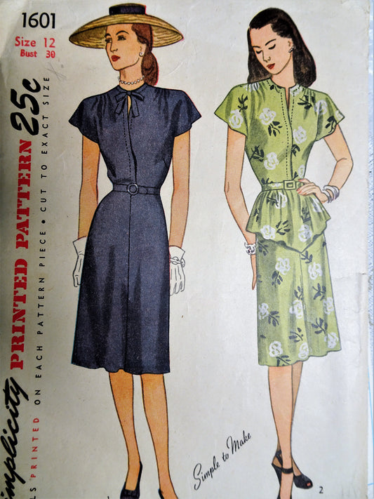 1940s LOVELY Dress Pattern SIMPLICITY 1601 Day or Evening, Slit Neckline, Peplum Version Bust 30 Simple To Make Vintage Sewing Pattern