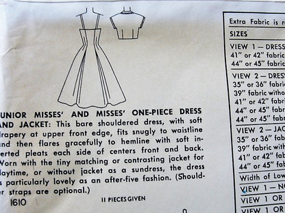 1950s GLAMOROUS Evening Dress and Jacket Pattern SIMPLICITY 1610 Flattering Strapless Draped Bodice Cocktail Party Dress Bust 30 Vintage Sewing Pattern