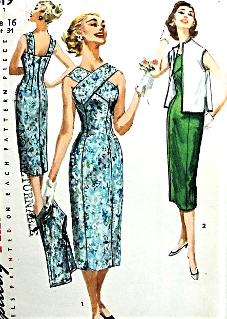 1950s BOMBSHELL Cocktail Evening or Day Sun Dress and Jacket Pattern SIMPLICITY 1619 Princess Line Sheath, Flirty Strappy Neckline,Bust 30 Vintage Sewing Pattern
