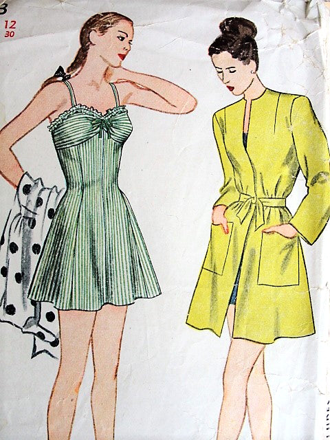 1940s Bathing Suit Swimsuit and Beach Coat Pattern SIMPLICITY 1623 Figure Flattering Princess Line Swimming Suit, Lovely Beach Cover Up Bust 30 Vintage Sewing Pattern