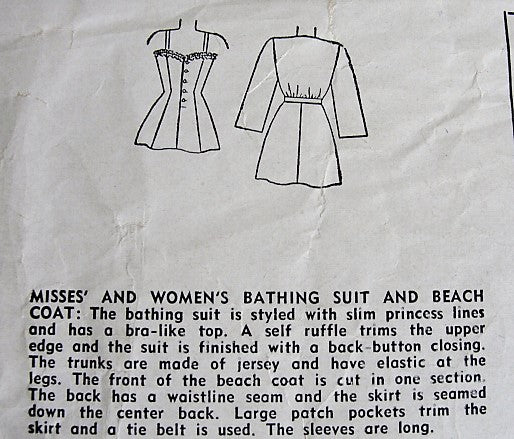 1940s Bathing Suit Swimsuit and Beach Coat Pattern SIMPLICITY 1623 Figure Flattering Princess Line Swimming Suit, Lovely Beach Cover Up Bust 30 Vintage Sewing Pattern