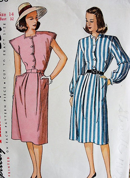 1940s Vintage BREEZY Button Up Dress in Two Styles Simplicity 1658 Bust 32 Sewing Pattern