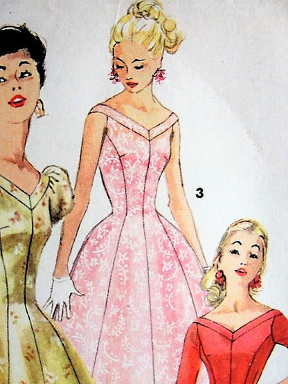 1950s LOVELY Party Dress Pattern SIMPLICITY 1673 Princess Style Figure Flattering Cocktail Evening Dress V BNecklines, 3 Style Versions Bust 32 Vintage Sewing Pattern