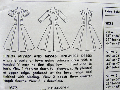 1950s LOVELY Party Dress Pattern SIMPLICITY 1673 Princess Style Figure Flattering Cocktail Evening Dress V BNecklines, 3 Style Versions Bust 32 Vintage Sewing Pattern