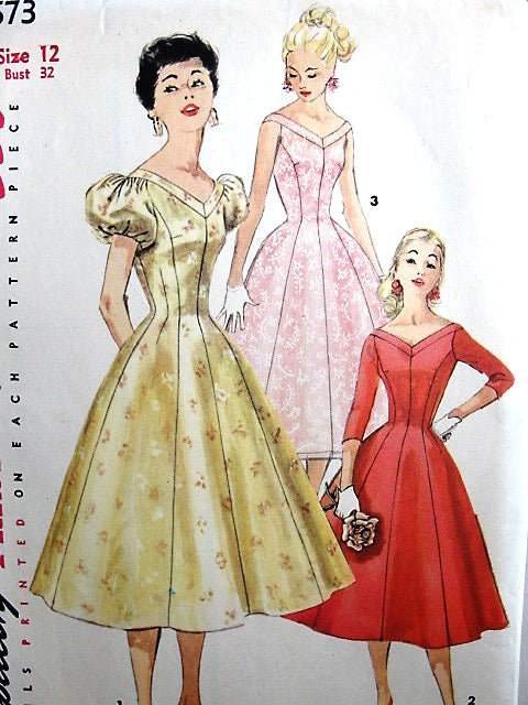 1950s LOVELY Party Dress Pattern SIMPLICITY 1673 Princess Style Figure Flattering Cocktail Evening Dress V BNecklines, 3 Style Versions Bust 32 Vintage Sewing Pattern