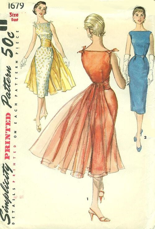 1950s STUNNING Draped Skirt Evening Dress Pattern SIMPLICITY 1679 Two Lovely Sheath Dress Versions, Flowing Panel and Cummerbund Bust 32 Vintage Sewing Pattern