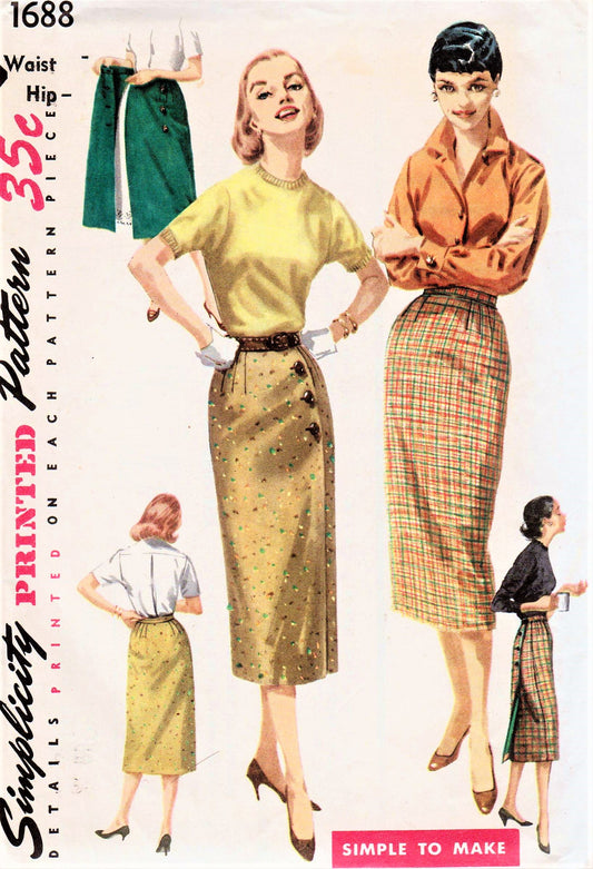 1950s CLASSY Slim Wrap Around Skirt Pattern SIMPLICITY 1688 Simple To Make Whiz-Wrap Waist 26 Vintage Sewing Pattern