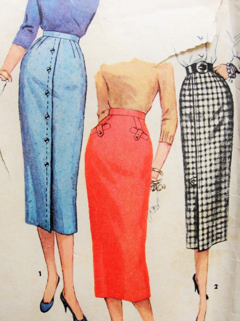 1950s CLASSY Slim One Yard Pencil Skirts Pattern SIMPLICITY 1690 Simple To Make Wiggle Skirt 3 Style Versions waist 24 Vintage Sewing Pattern