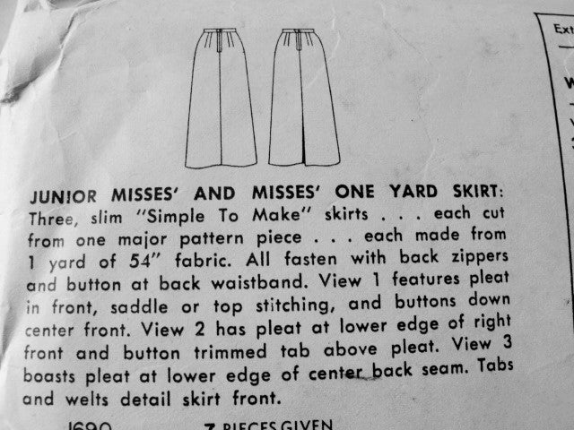 1950s CLASSY Slim One Yard Pencil Skirts Pattern SIMPLICITY 1690 Simple To Make Wiggle Skirt 3 Style Versions waist 24 Vintage Sewing Pattern
