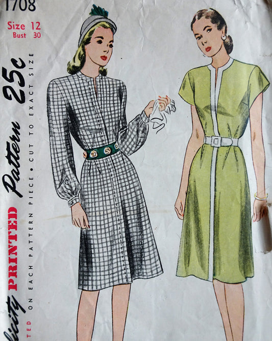 1940s FLATTERING Dress Pattern SIMPLICITY 1708 Two Wonderful Styles To Flatter the Figure, Lovely Dart Interest, Bust 30 Vintage Sewing Pattern