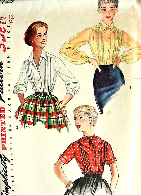 1950s LOVELY  Blouse Pattern SIMPLICITY 1729 Three Lovely Style Versions Bust 38 Vintage Sewing Pattern FF