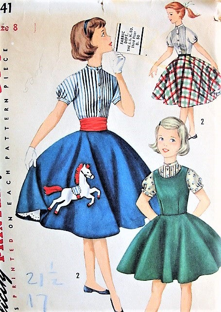 1950s CUTE Girls Jumper Circle Skirt and Blouse Pattern SIMPLICITY 1741 Sweet Horse Applique Transfer Size 7 Childrens Vintage Sewing Pattern
