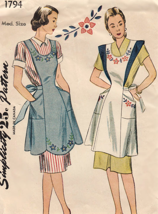 1940s FARMHOUSE Full Bib Apron Pattern SIMPLICITY 1794 Cute Large Pockets Back-Cross Straps Floral Embroidery Transfer Bust 34-36 Vintage Sewing Pattern