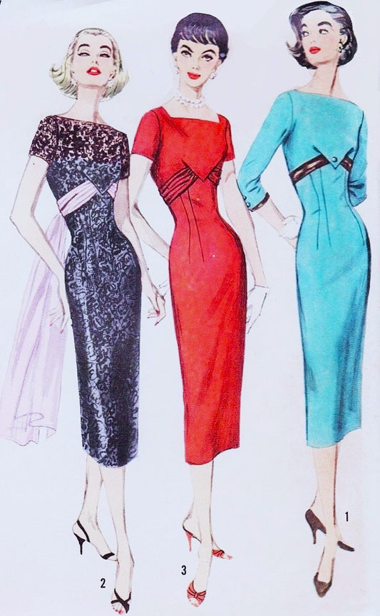 1950s GLAMOROUS Slim Sheath Cocktail Evening Dress Pattern SIMPLICITY 1794 Empire Style Bateau Neckline Flirty Flowing Sash Angelina Dress in The Tourist Movie Bust 34 Vintage Sewing Pattern FACTORY FOLDED