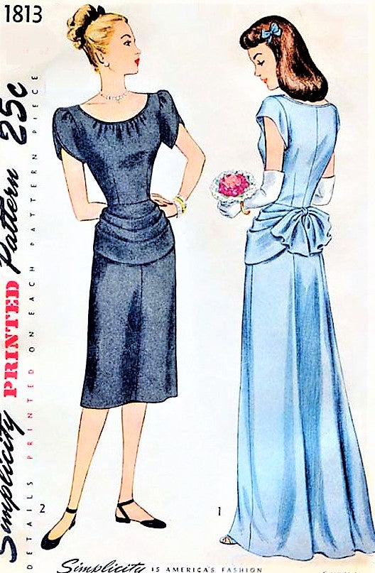 1940s BEAUTIFUL Cocktail Party Dress or Evening Gown Pattern SIMPLICITY 1813  Film Noir Hip Drape and Bustle Back Bust 32 Vintage Sewing Pattern