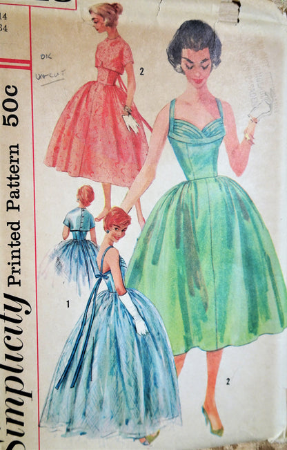 1950s GLAM Evening Gown or Cocktail Dress and Jacket Pattern SIMPLICITY 1848 Figure Flattering Pleated Shaped Shelf Bust Low Back Full Dreamy Skirt Bust 34 Vintage Sewing Pattern