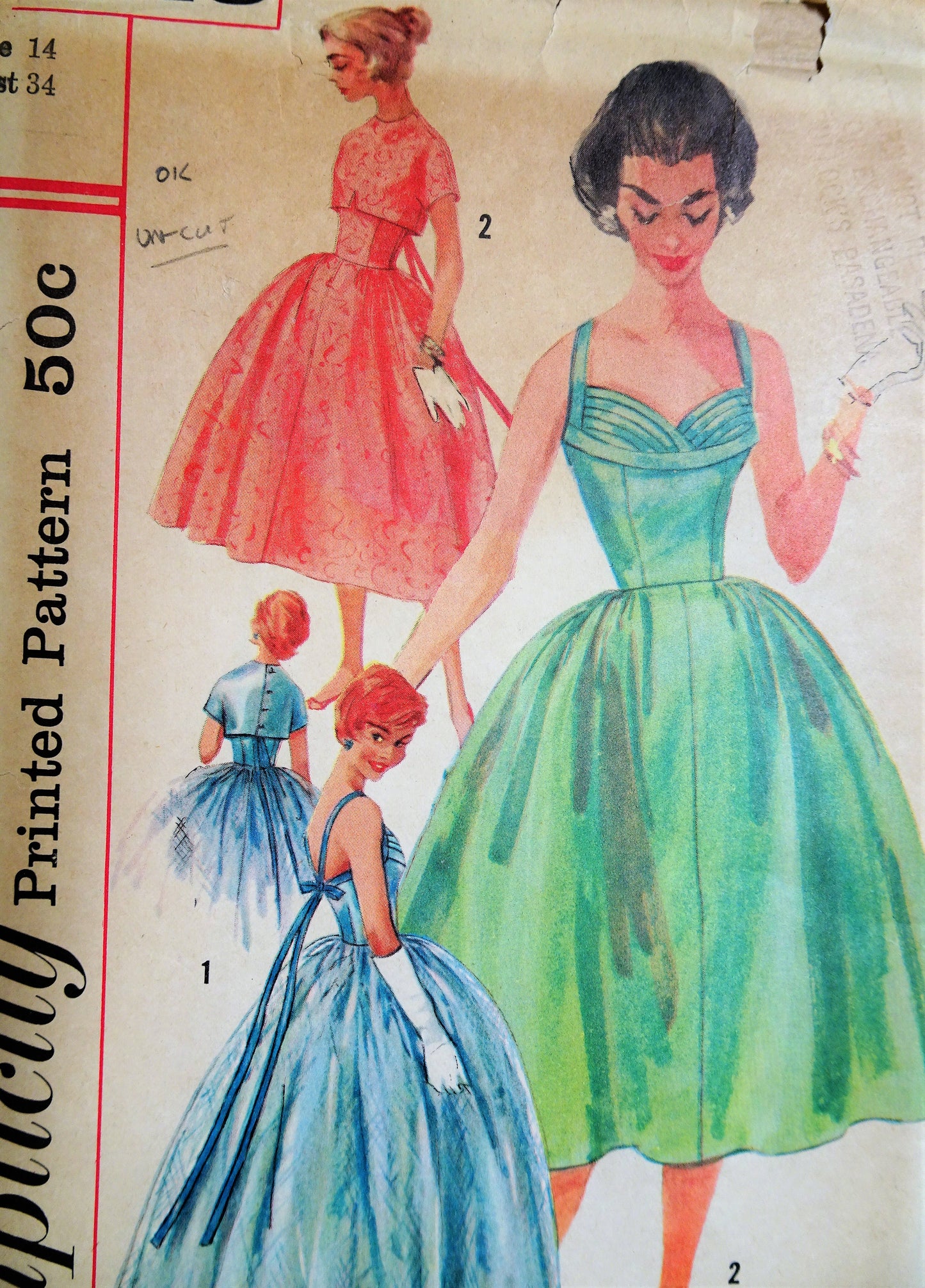 1950s GLAM Evening Gown or Cocktail Dress and Jacket Pattern SIMPLICITY 1848 Figure Flattering Pleated Shaped Shelf Bust Low Back Full Dreamy Skirt Bust 34 Vintage Sewing Pattern