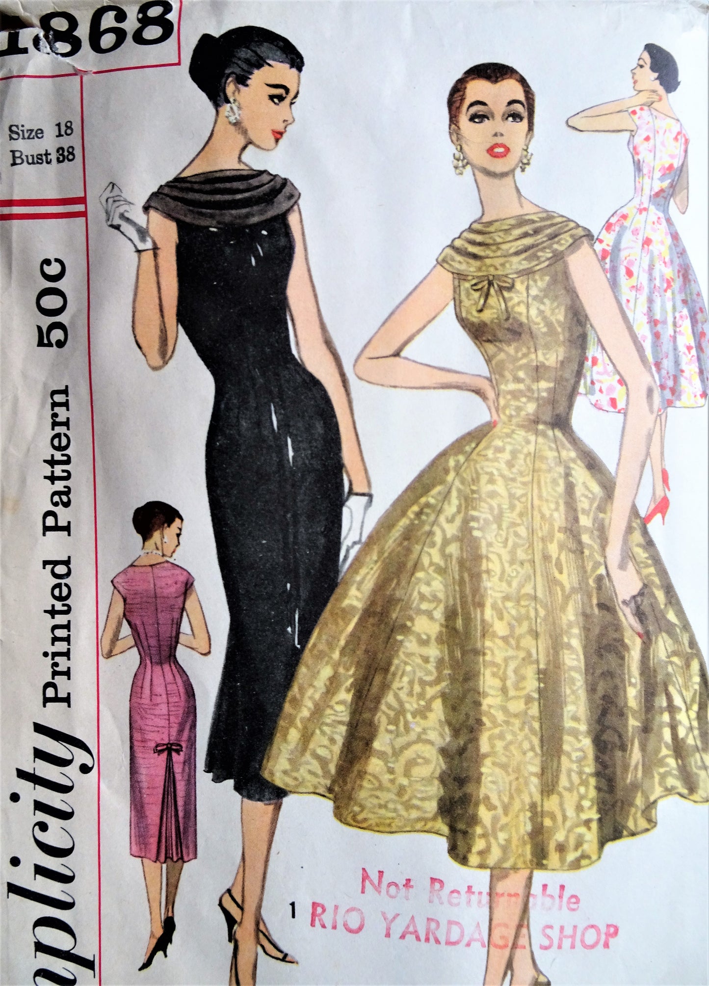1950s GLAMOROUS Party Evening Dress Pattern SIMPLICITY 1868 Stunning Design Slim or Full Skirt, Bust 38 Vintage Sewing Pattern