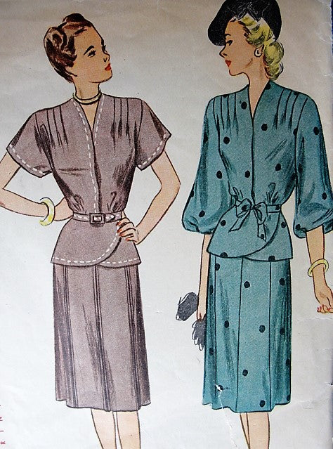 1940s CLASSY Two Pc Dress Pattern SIMPLICITY 1869 Lovely Peplum Overblouse, Two Sleeve Styles  Slim Skirt Bust 36 Vintage Sewing Pattern