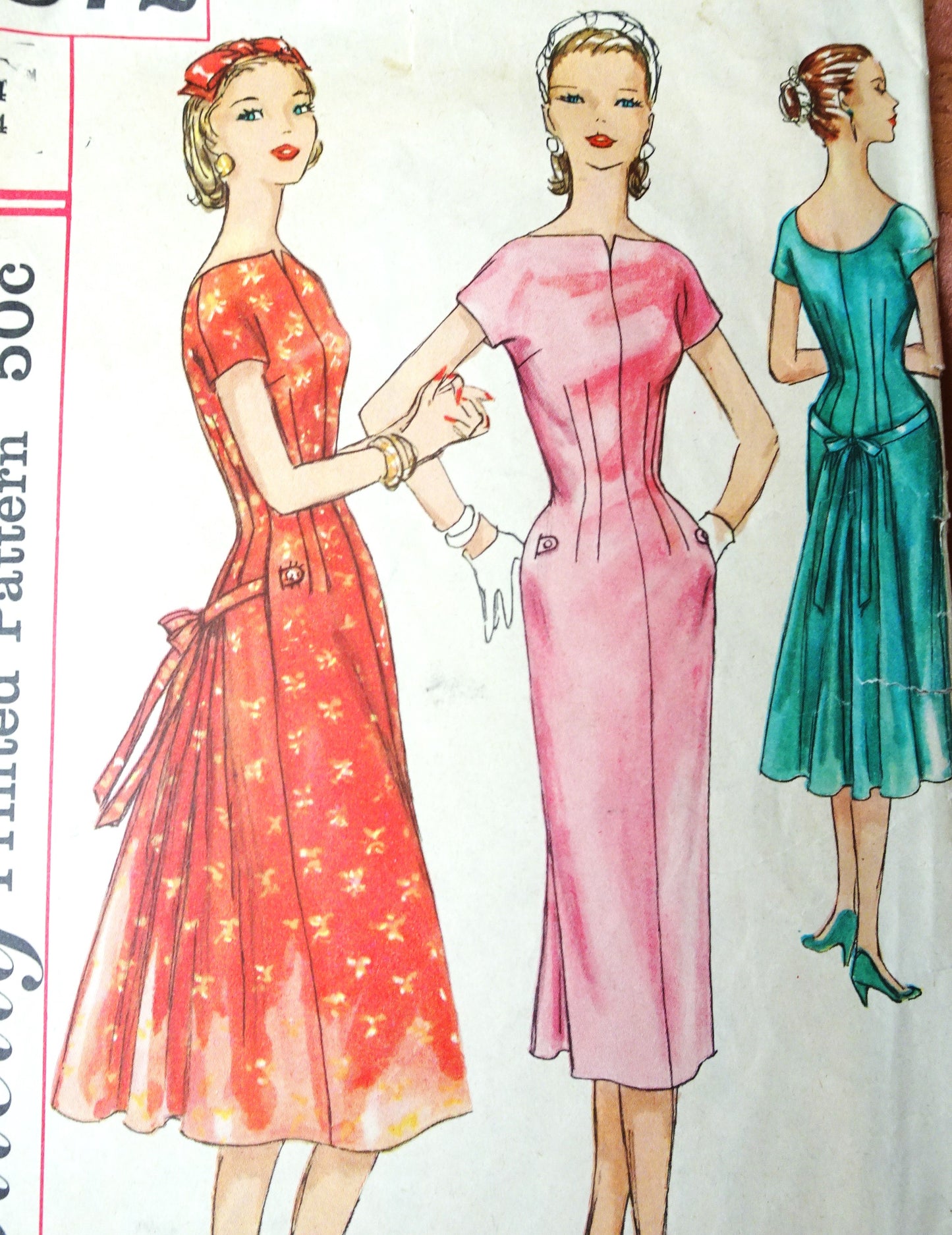 1950s SLEEK Party Dress Pattern SIMPLICITY 1872 Sheath Slim Front, Flared Back, Daytime or Evening Dress, Bust 34 Vintage Sewing Pattern