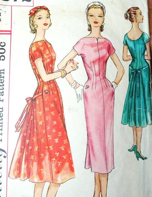 1950s SLEEK Party Dress Pattern SIMPLICITY 1872 Sheath Slim Front, Flared Back, Daytime or Evening Dress, Bust 34 Vintage Sewing Pattern