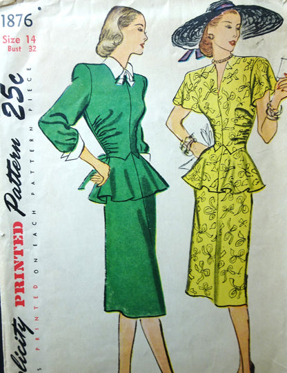 1940s FABULOUS Two-Piece Dress Pattern SIMPLICITY 1876 Two Lovely Styles, Beautiful Day or Party Flared Peplum, Bust 32 Vintage Sewing Pattern