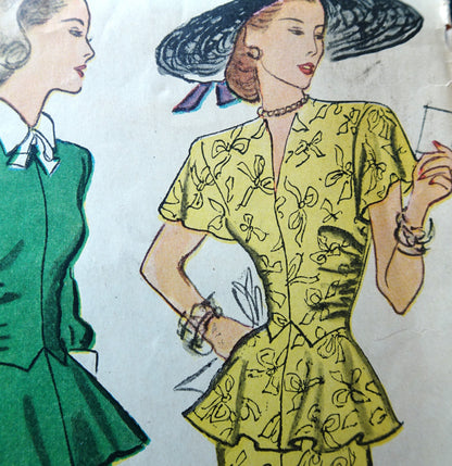 1940s FABULOUS Two-Piece Dress Pattern SIMPLICITY 1876 Two Lovely Styles, Beautiful Day or Party Flared Peplum, Bust 32 Vintage Sewing Pattern