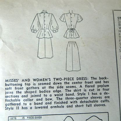 1940s FABULOUS Two-Piece Dress Pattern SIMPLICITY 1876 Two Lovely Styles, Beautiful Day or Party Flared Peplum, Bust 32 Vintage Sewing Pattern